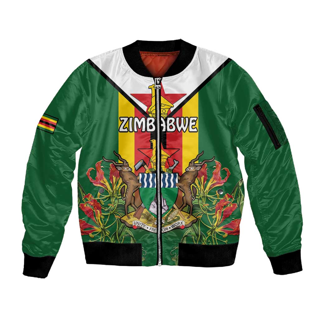 Personalised Zimbabwe Independence Day Sleeve Zip Bomber Jacket Coat Of Arms Fire Lilies
