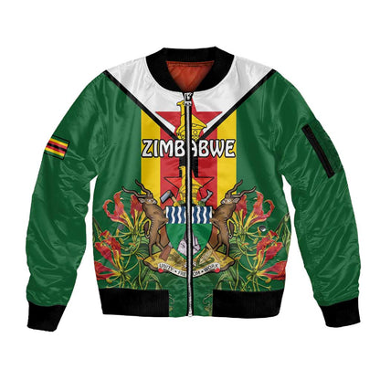 Personalised Zimbabwe Independence Day Sleeve Zip Bomber Jacket Coat Of Arms Fire Lilies