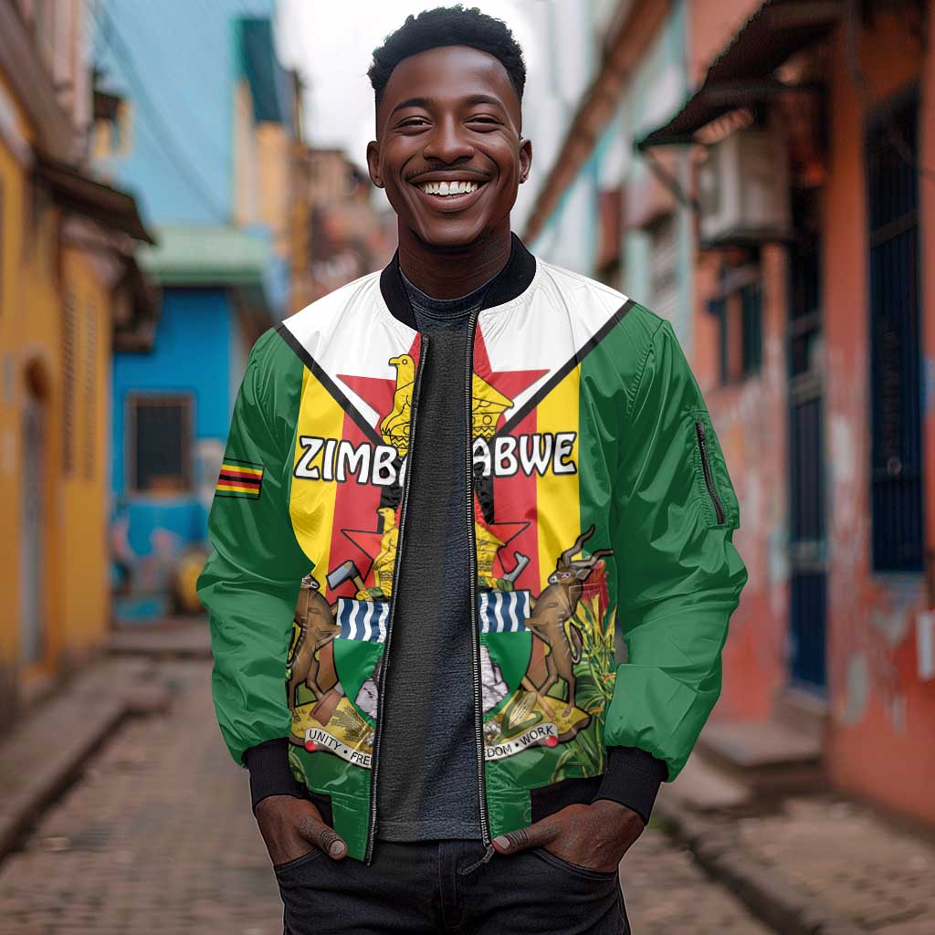 Personalised Zimbabwe Independence Day Sleeve Zip Bomber Jacket Coat Of Arms Fire Lilies