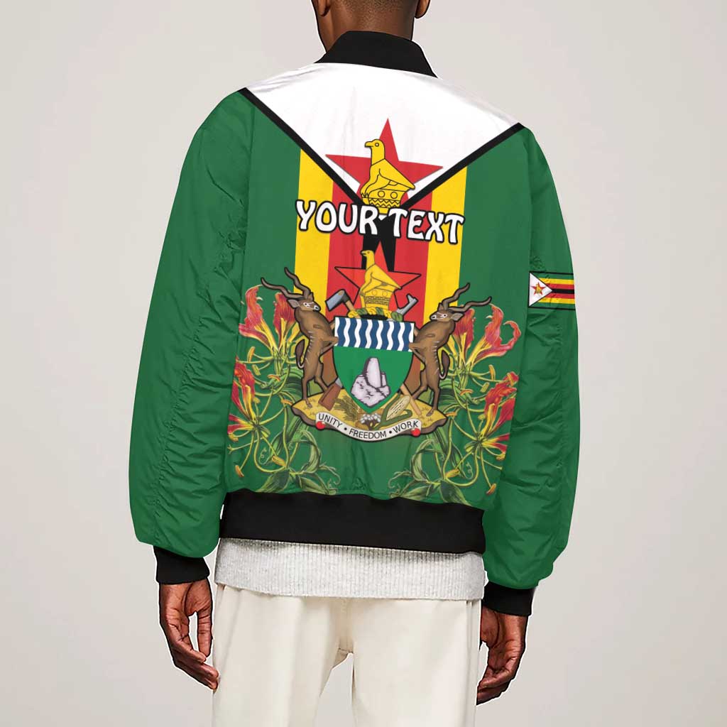 Personalised Zimbabwe Independence Day Sleeve Zip Bomber Jacket Coat Of Arms Fire Lilies