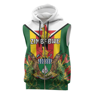 Personalised Zimbabwe Independence Day Sleeveless Zip Hoodie Coat Of Arms Fire Lilies - African Pride