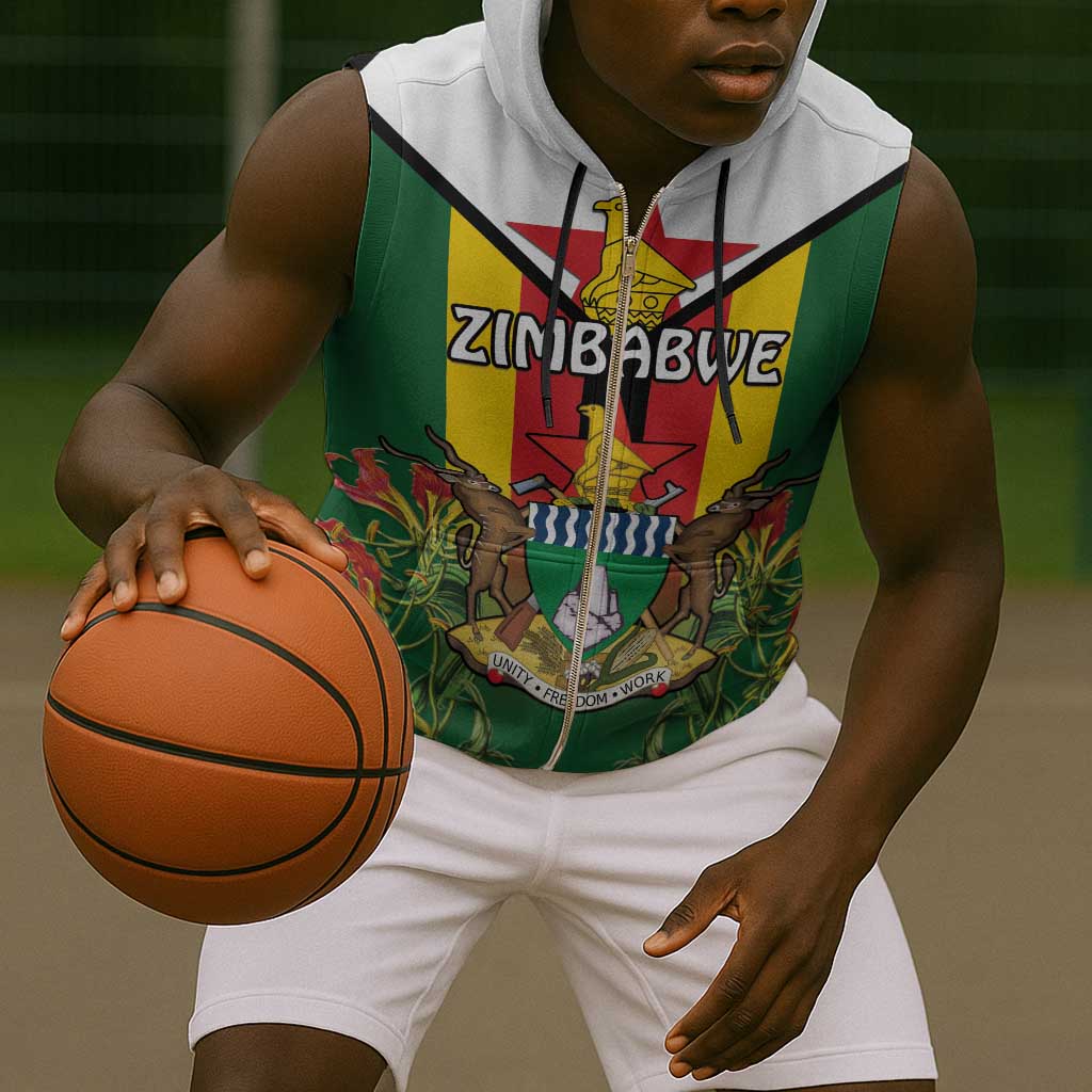 Personalised Zimbabwe Independence Day Sleeveless Zip Hoodie Coat Of Arms Fire Lilies - African Pride