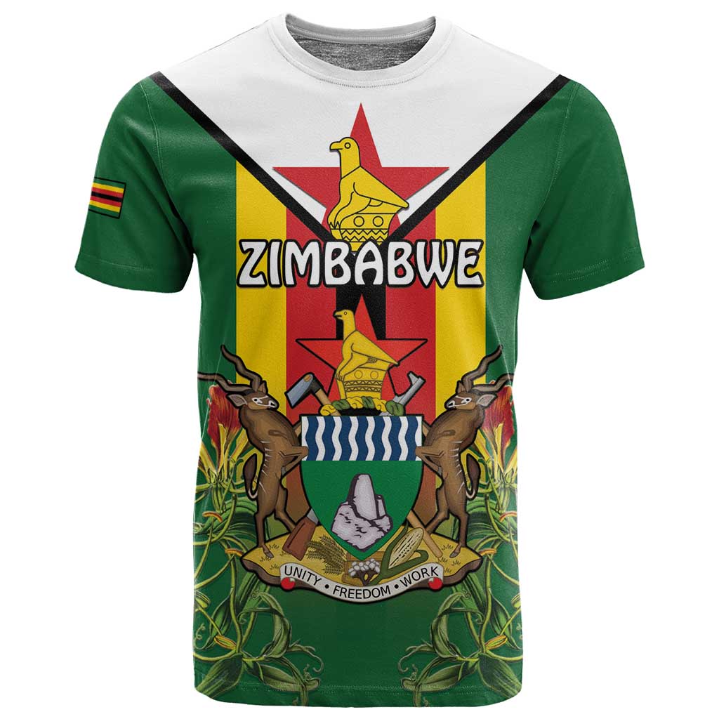 Personalised Zimbabwe Independence Day T shirt Coat Of Arms Fire Lilies