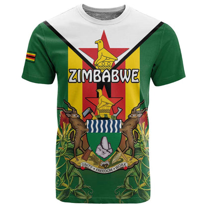Personalised Zimbabwe Independence Day T shirt Coat Of Arms Fire Lilies