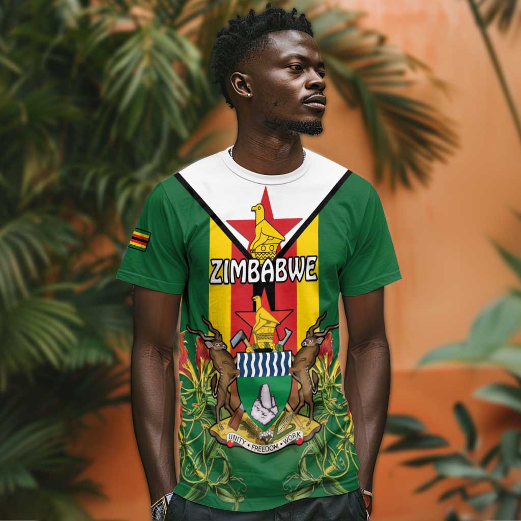 Personalised Zimbabwe Independence Day T shirt Coat Of Arms Fire Lilies
