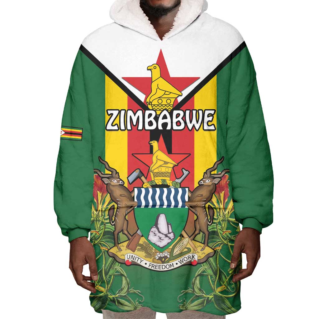 Personalised Zimbabwe Independence Day Wearable Blanket Hoodie Coat Of Arms Fire Lilies