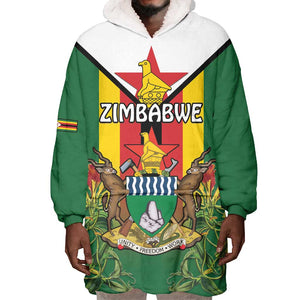 Personalised Zimbabwe Independence Day Wearable Blanket Hoodie Coat Of Arms Fire Lilies