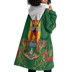 Personalised Zimbabwe Independence Day Wearable Blanket Hoodie Coat Of Arms Fire Lilies