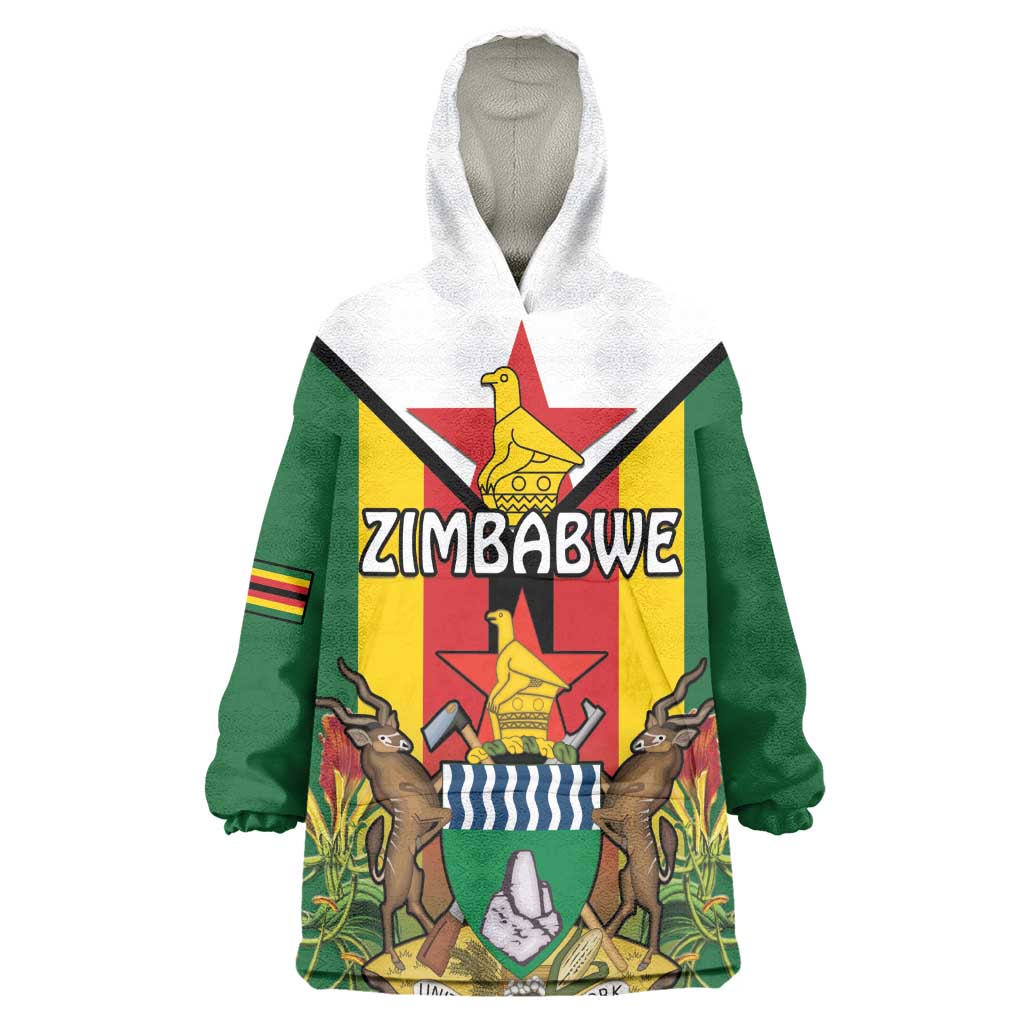Personalised Zimbabwe Independence Day Wearable Blanket Hoodie Coat Of Arms Fire Lilies