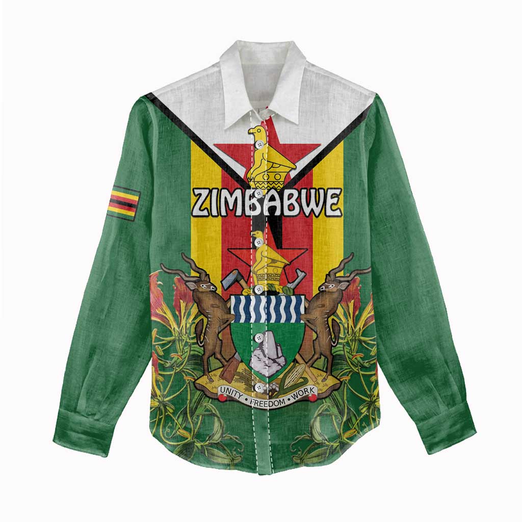 Personalised Zimbabwe Independence Day Women Casual Shirt Coat Of Arms Fire Lilies LT15