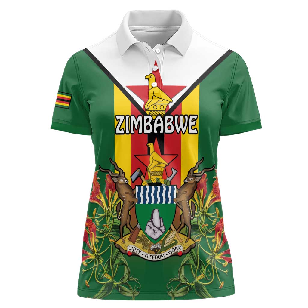Personalised Zimbabwe Independence Day Women Polo Shirt Coat Of Arms Fire Lilies