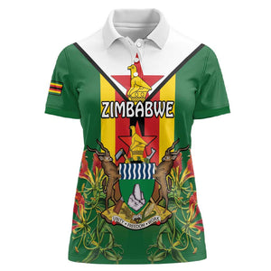 Personalised Zimbabwe Independence Day Women Polo Shirt Coat Of Arms Fire Lilies