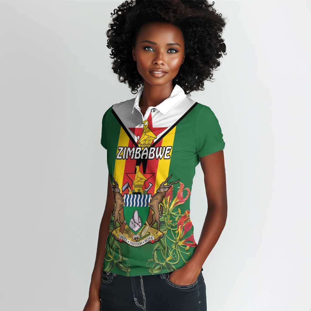 Personalised Zimbabwe Independence Day Women Polo Shirt Coat Of Arms Fire Lilies