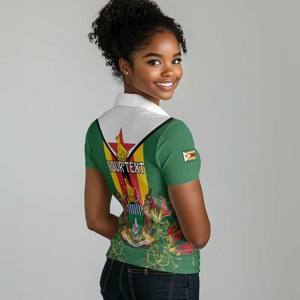 Personalised Zimbabwe Independence Day Women Polo Shirt Coat Of Arms Fire Lilies