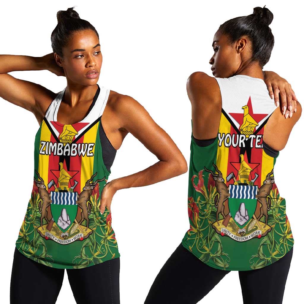 Personalised Zimbabwe Independence Day Women Racerback Tank Coat Of Arms Fire Lilies