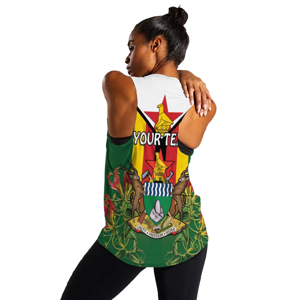Personalised Zimbabwe Independence Day Women Racerback Tank Coat Of Arms Fire Lilies