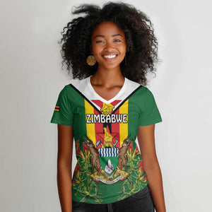 Personalised Zimbabwe Independence Day Women V-Neck T-Shirt Coat Of Arms Fire Lilies