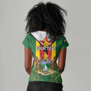 Personalised Zimbabwe Independence Day Women V-Neck T-Shirt Coat Of Arms Fire Lilies