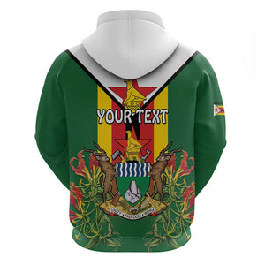 Personalised Zimbabwe Independence Day Zip Hoodie Coat Of Arms Fire Lilies