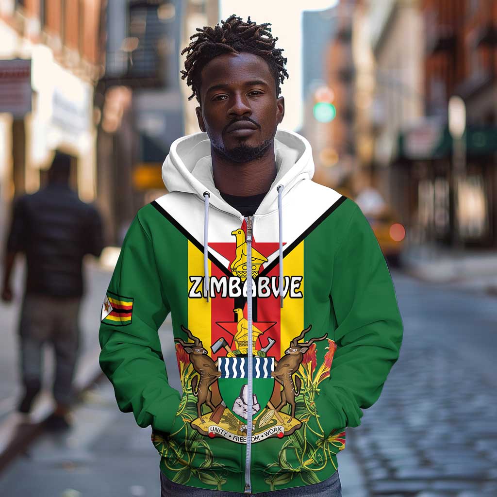 Personalised Zimbabwe Independence Day Zip Hoodie Coat Of Arms Fire Lilies