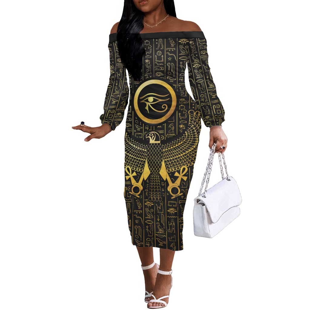 Ancient Egyptian Off The Shoulder Long Sleeve Dress Horus Falcon God