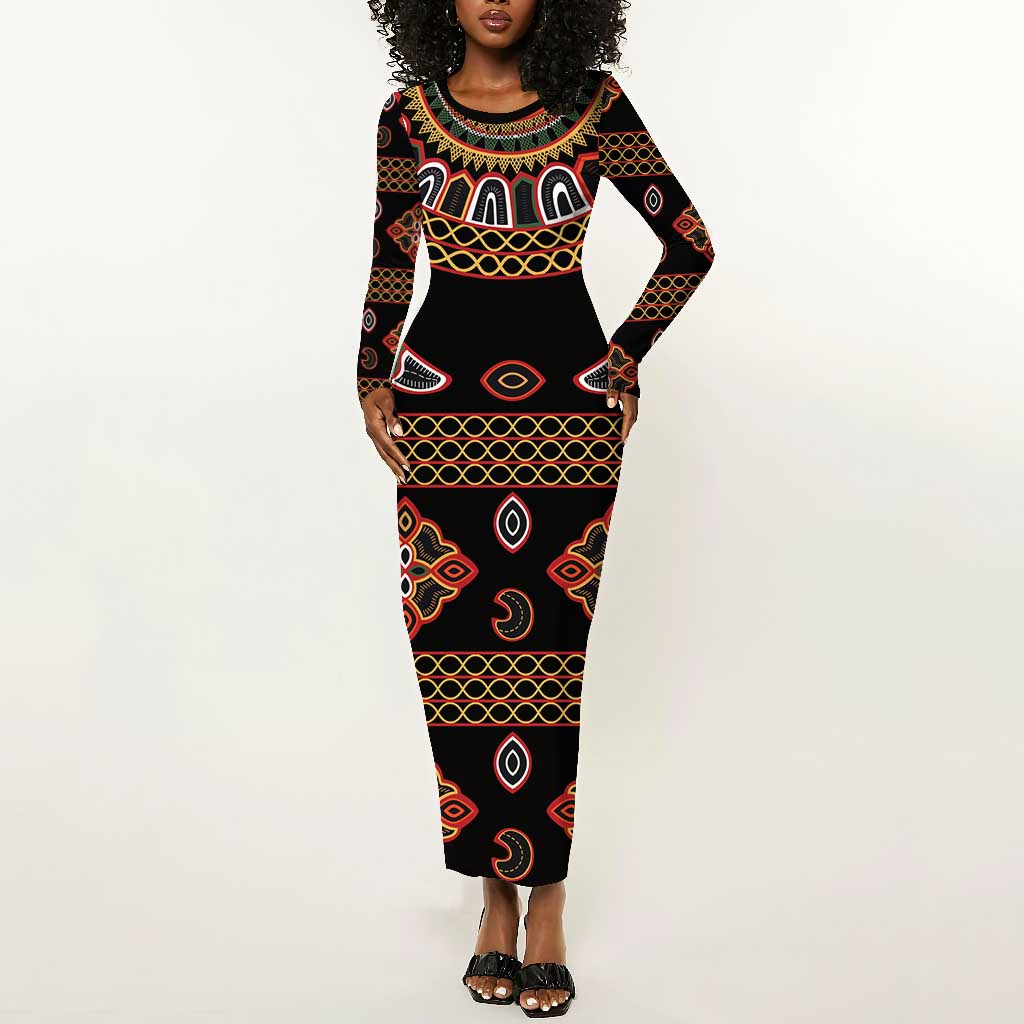 Cameroon Traditional Toghu Pattern Long Sleeve Bodycon Dress LT15