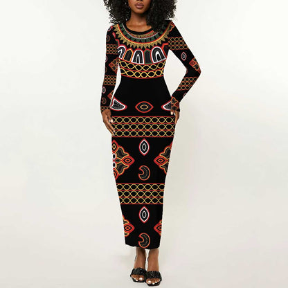 Cameroon Traditional Toghu Pattern Long Sleeve Bodycon Dress LT15