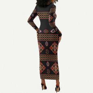 Cameroon Traditional Toghu Pattern Long Sleeve Bodycon Dress LT15