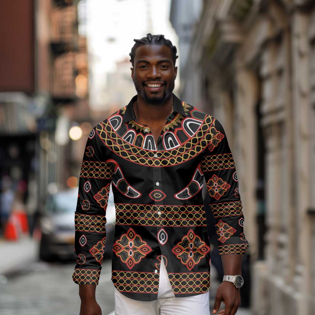 Cameroon Traditional Toghu Pattern Long Sleeve Button Shirt