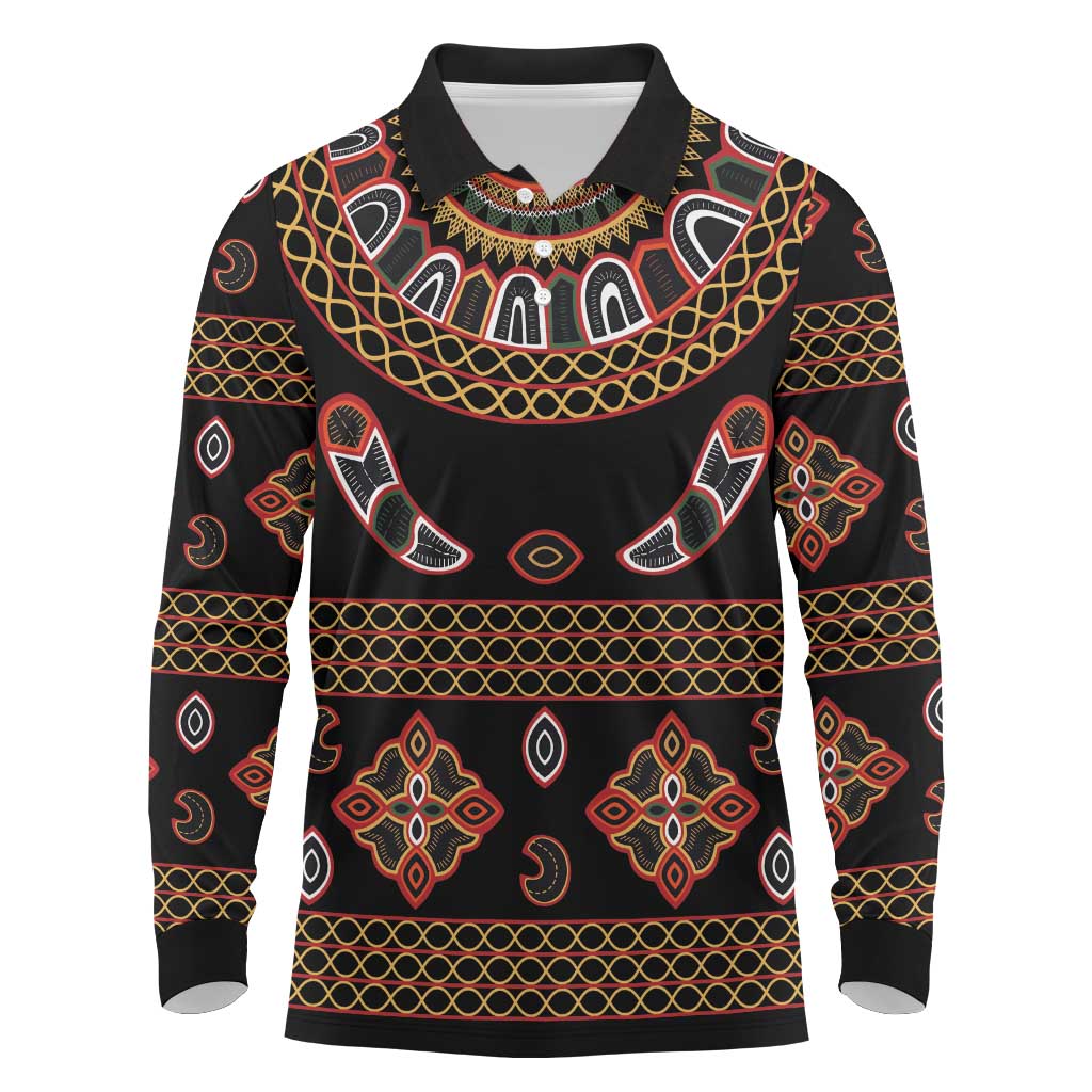 Cameroon Traditional Toghu Pattern Long Sleeve Polo Shirt