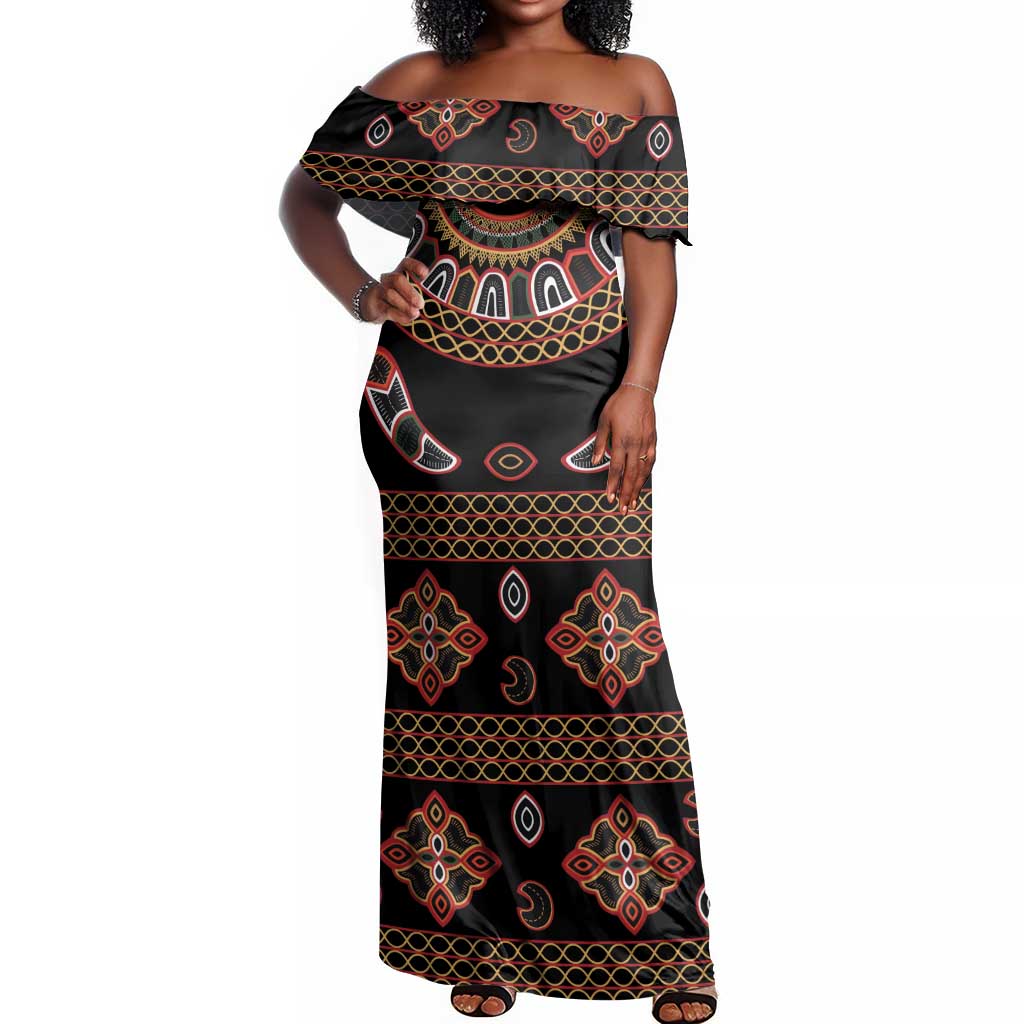 Cameroon Traditional Toghu Pattern Off Shoulder Maxi Dress