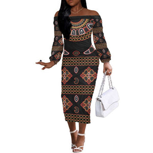 Cameroon Traditional Toghu Pattern Off The Shoulder Long Sleeve Dress