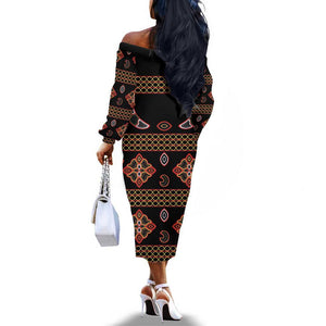 Cameroon Traditional Toghu Pattern Off The Shoulder Long Sleeve Dress