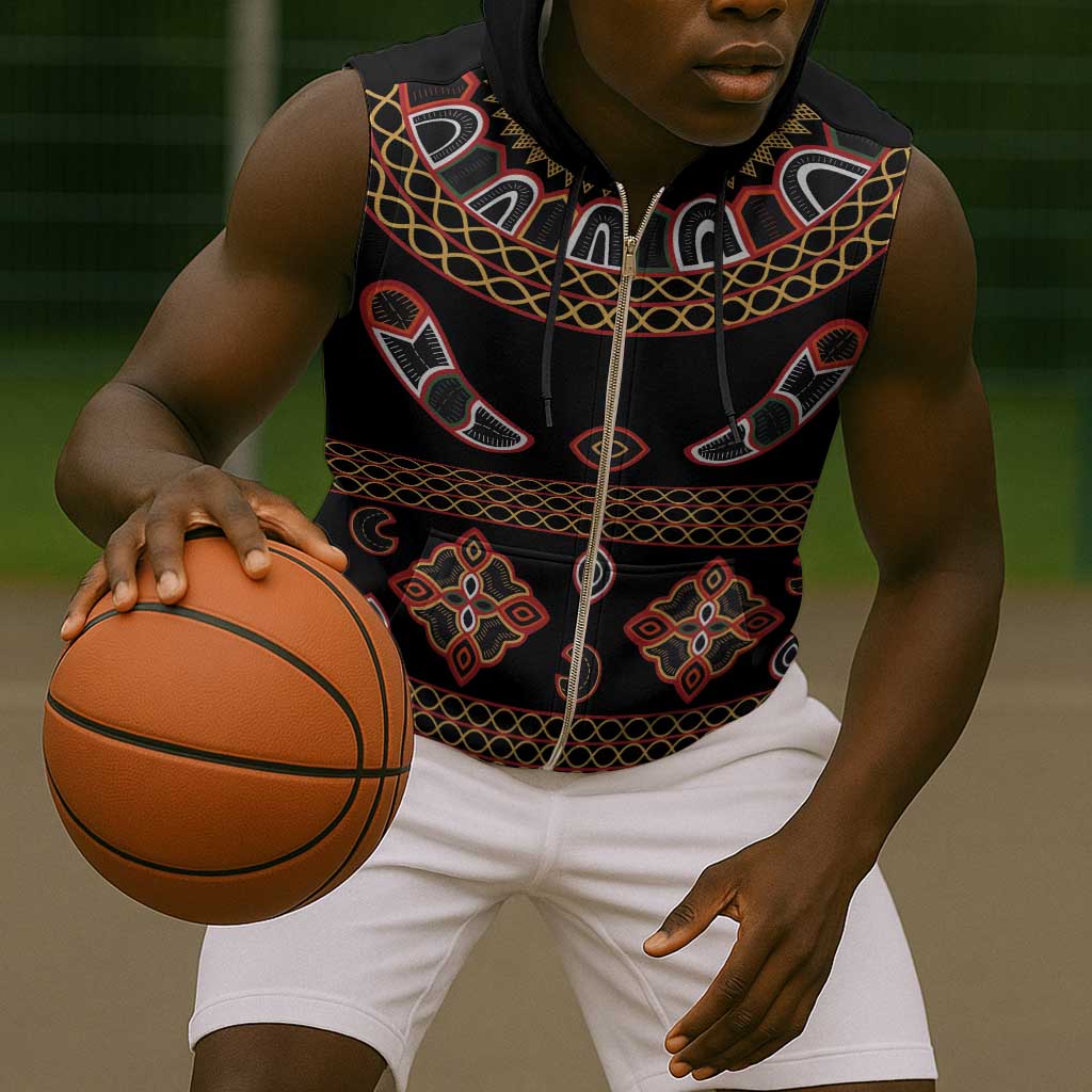 Cameroon Traditional Toghu Pattern Sleeveless Zip Hoodie - African Pride