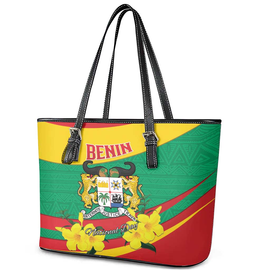 Happy Benin National Day Leather Tote Bag Fraternite Justice Travail