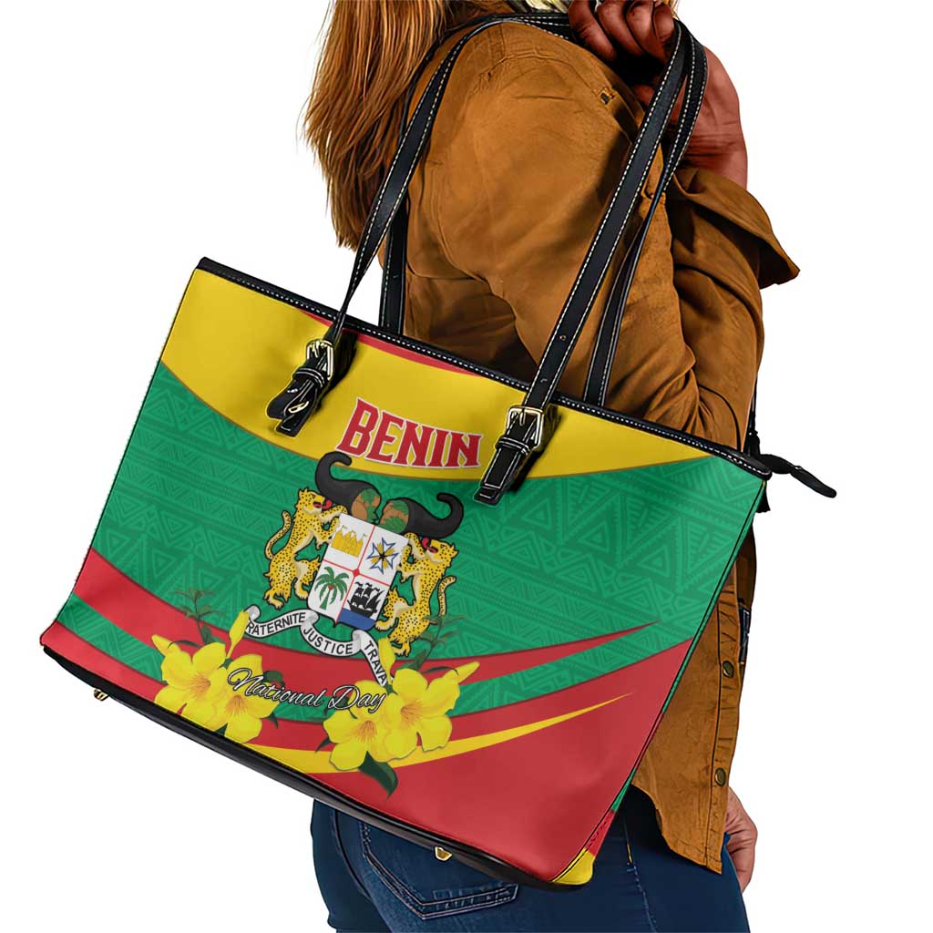 Happy Benin National Day Leather Tote Bag Fraternite Justice Travail