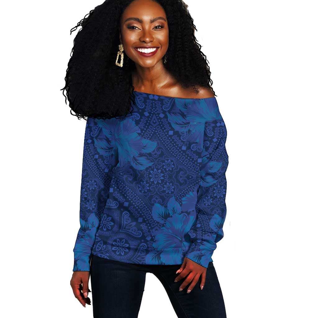 Afro Hibiscus Tropical Off Shoulder Sweater ShweShwe African Pattern - African Pride