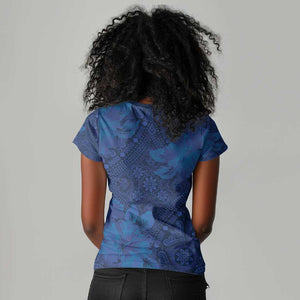 Afro Hibiscus Tropical Women V-Neck T-Shirt ShweShwe African Pattern - African Pride
