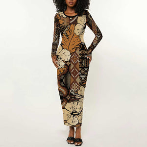 Afro Hibiscus Tropical Long Sleeve Bodycon Dress African Pattern - African Pride