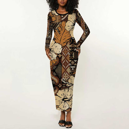 Afro Hibiscus Tropical Long Sleeve Bodycon Dress African Pattern - African Pride