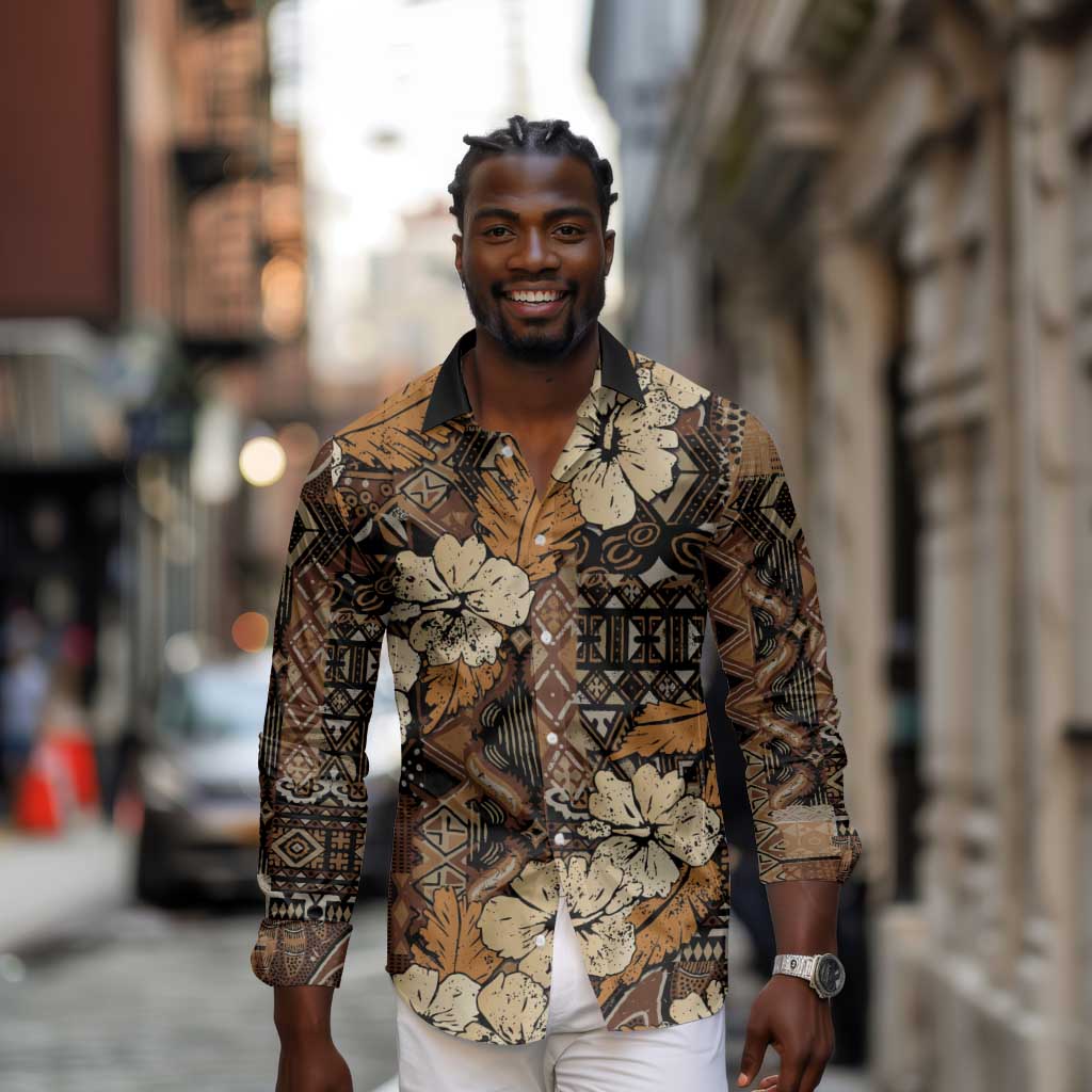 Afro Hibiscus Tropical Long Sleeve Button Shirt African Pattern - African Pride