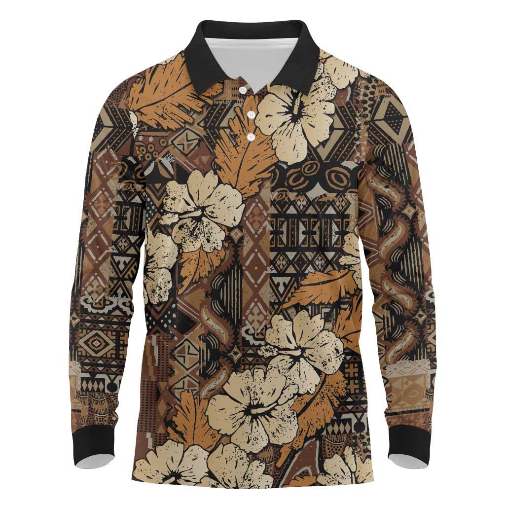 Afro Hibiscus Tropical Long Sleeve Polo Shirt African Pattern - African Pride