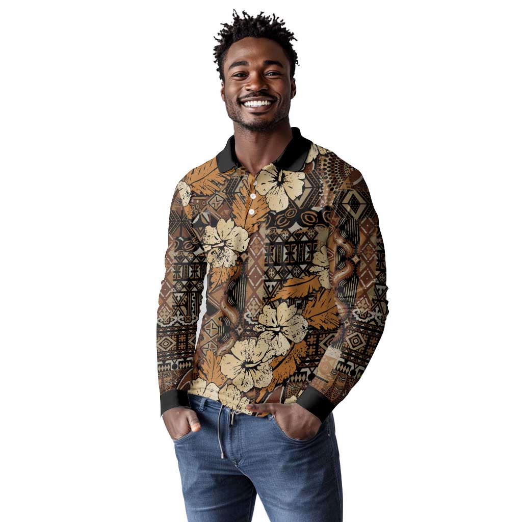 Afro Hibiscus Tropical Long Sleeve Polo Shirt African Pattern - African Pride