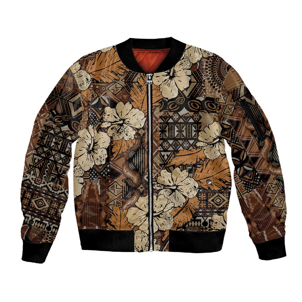Afro Hibiscus Tropical Sleeve Zip Bomber Jacket African Pattern - African Pride