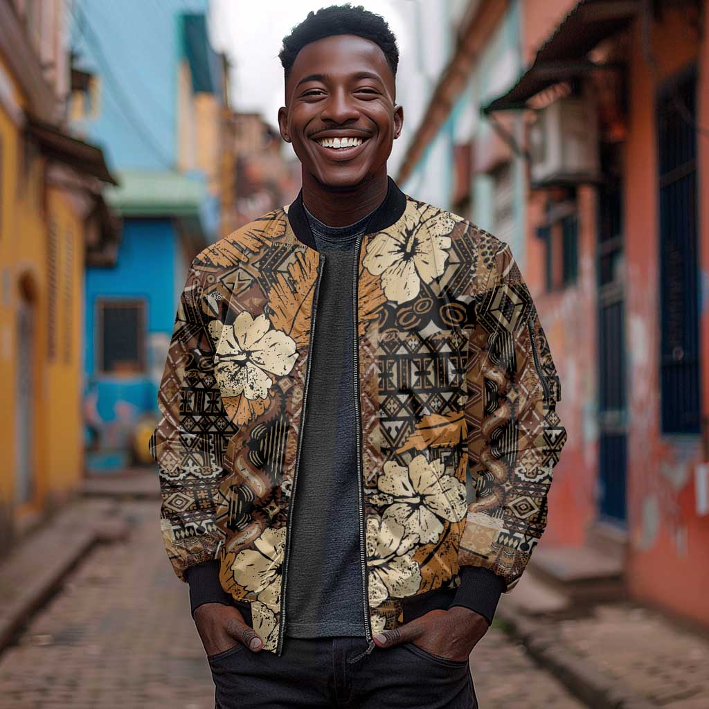 Afro Hibiscus Tropical Sleeve Zip Bomber Jacket African Pattern - African Pride