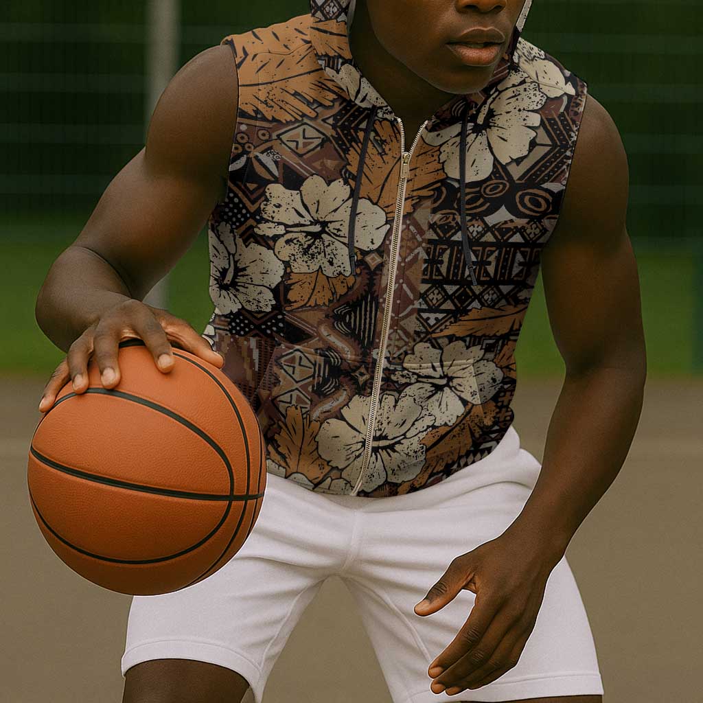 Afro Hibiscus Tropical Sleeveless Zip Hoodie African Pattern - African Pride
