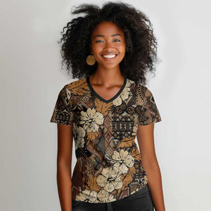 Afro Hibiscus Tropical Women V-Neck T-Shirt African Pattern - African Pride
