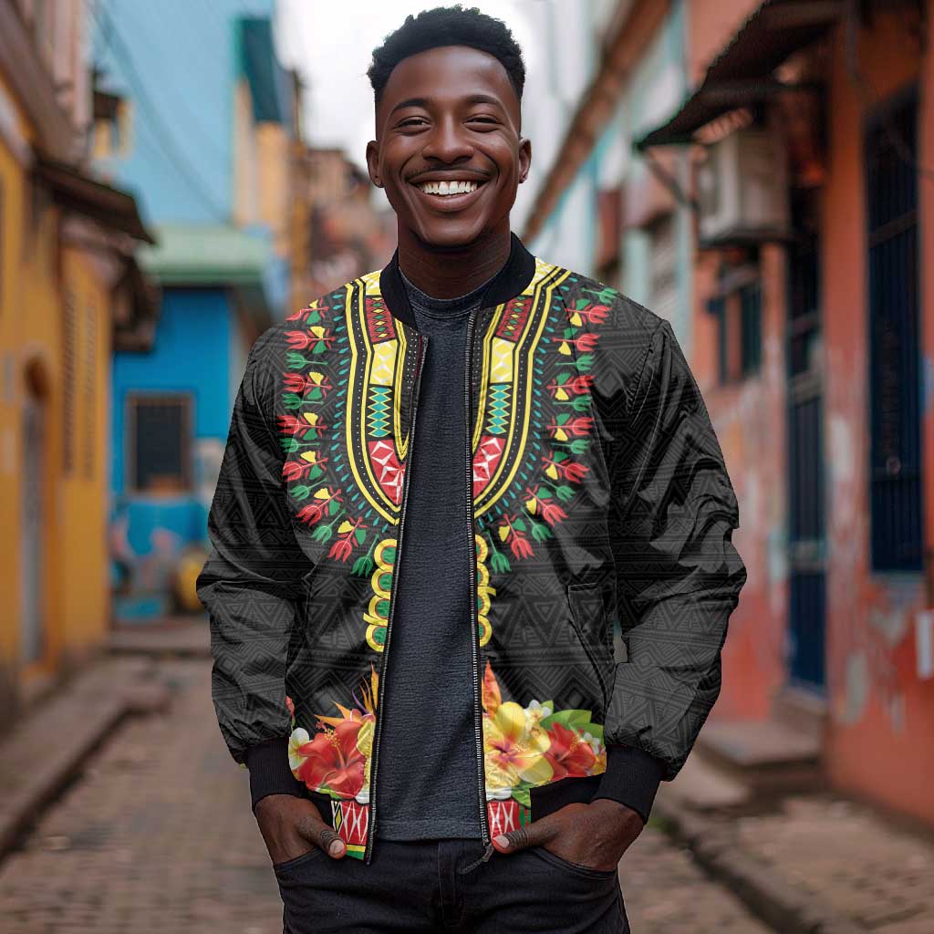 Personalized Afro Hibiscus Tropical Bomber Jacket Dashiki African Pattern - African Pride