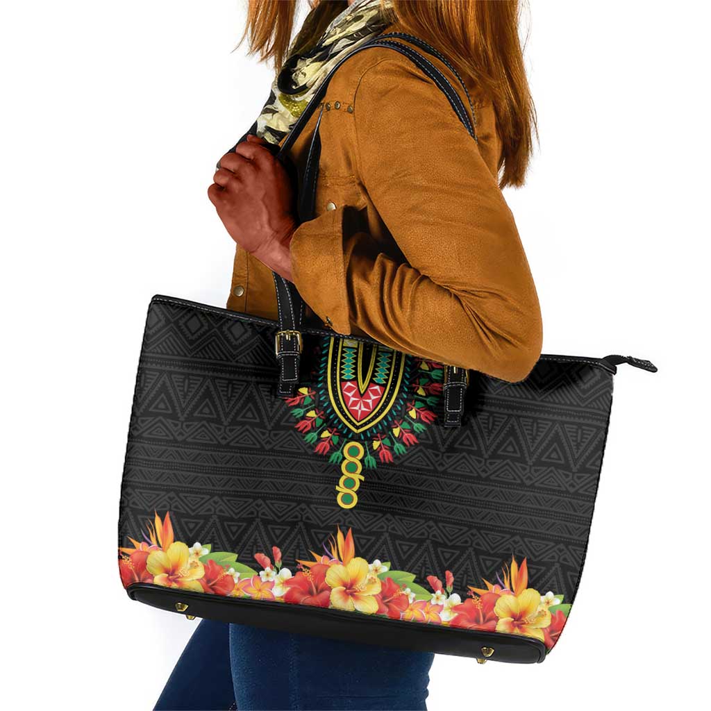 Personalized Afro Hibiscus Tropical Leather Tote Bag Dashiki African Pattern - African Pride