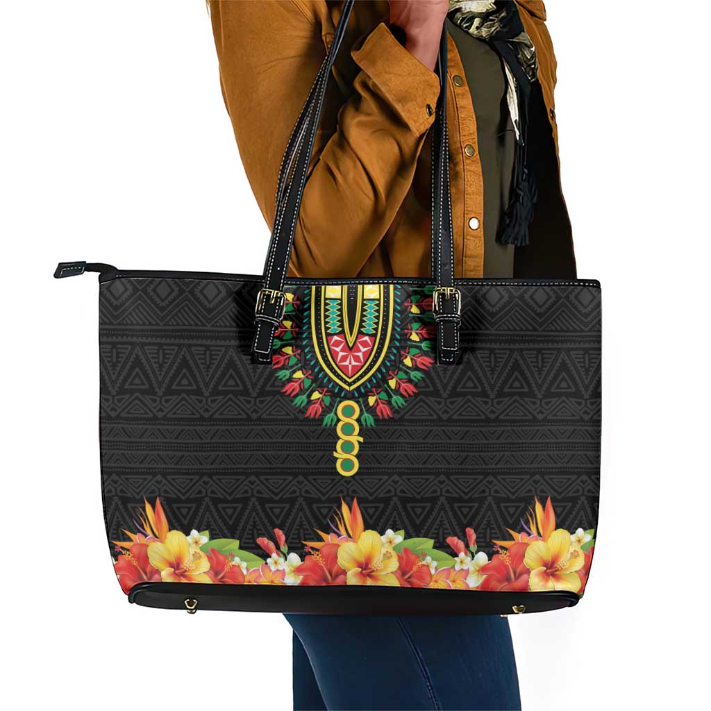 Personalized Afro Hibiscus Tropical Leather Tote Bag Dashiki African Pattern - African Pride